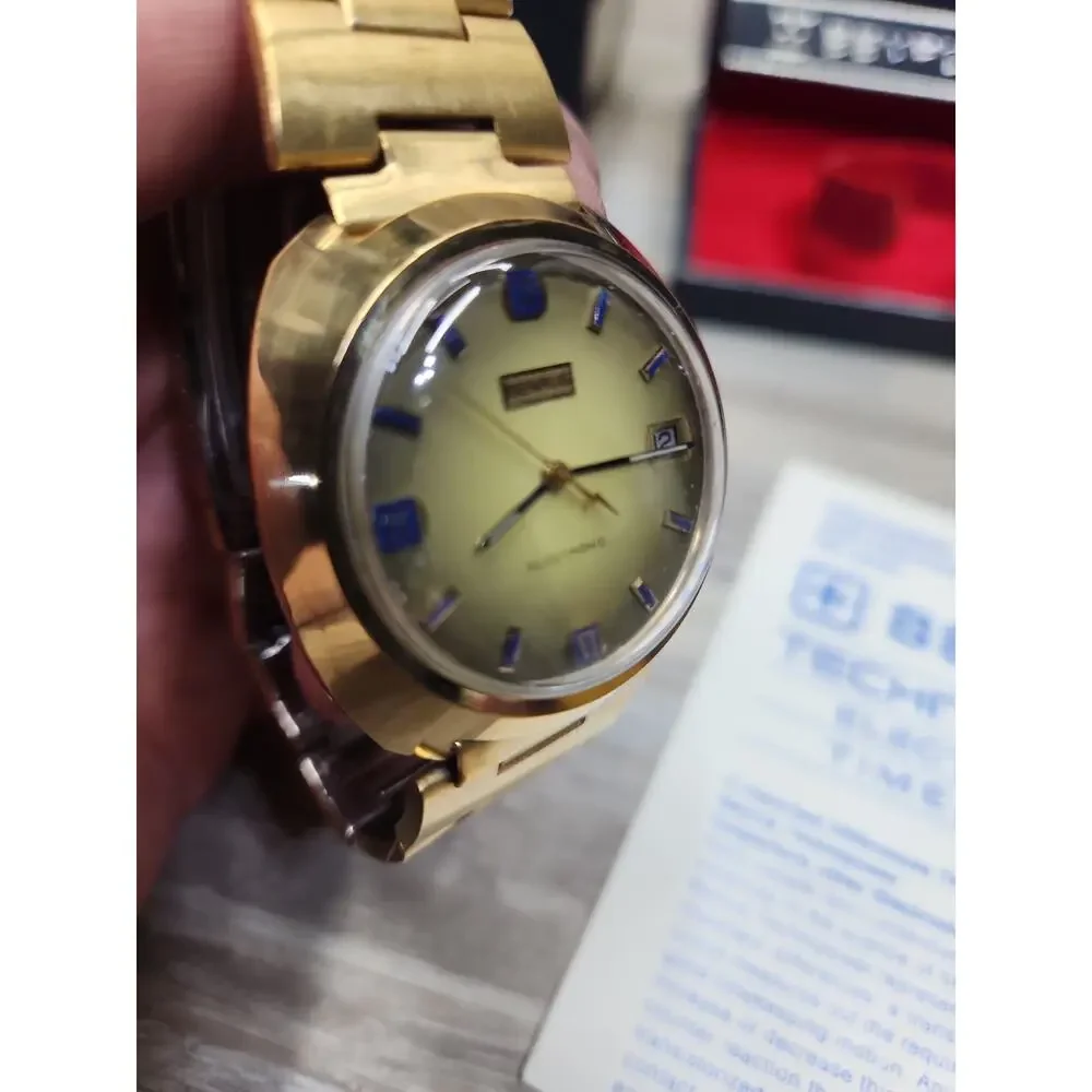 Vintage BENRUS Electronic Technipower Gold Tone Mens Watch, Box And Papers